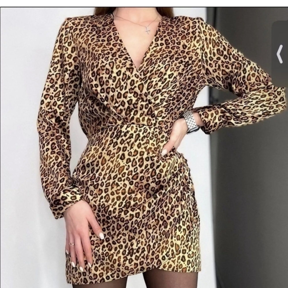 Zara Leopard Print Long Sleeve Dress NWOT